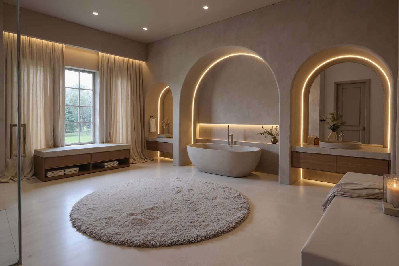 Render of a bathroom proposal: arches outlined in warm LED light, a freestanding tub and floating wooden vanities.