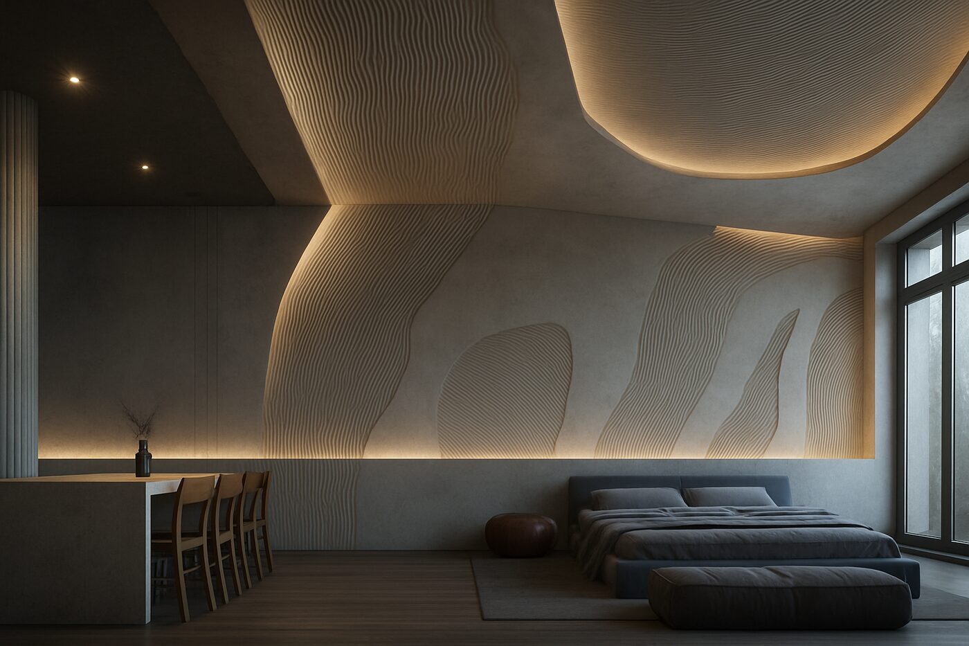 Render: a bedroom and dining space with a wall and ceiling relief of fine wave lines, grazed by warm light.